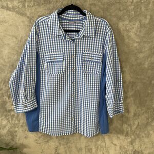 Laura Scott Gingham Blouse top women 3X roll tab sleeves button up w pockets